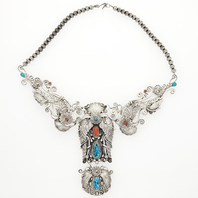 Lot 1198 - Native American Navajo Silver, Turquoise and Coral Pendant-Necklace