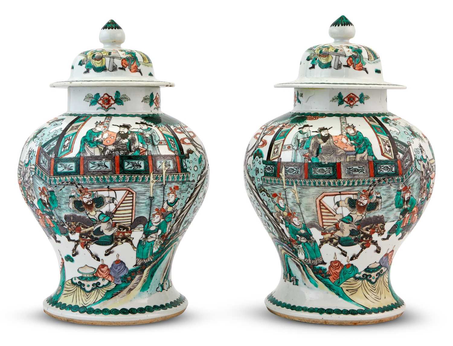 Lot 388 - A Pair of Chinese Famille Verte Porcelain Baluster Jars and Covers