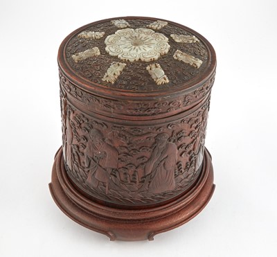 Lot 169 - A Chinese Jade-Inset Hardwood Brush Pot and Cover