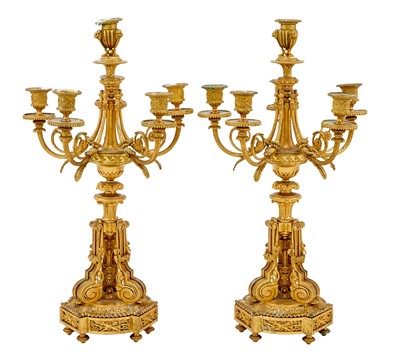 Lot 370 - Pair of Louis XVI Style Gilt-Bronze Six-Light Candelabra