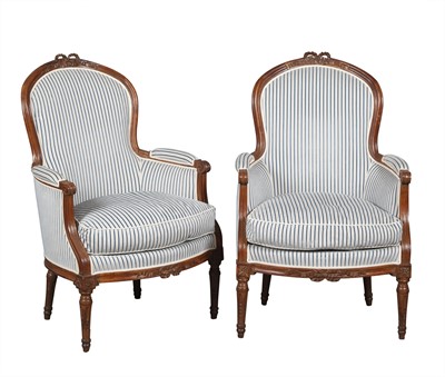 Lot 392 - Pair Louis XVI Style Walnut Bergeres