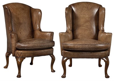 Lot 1036 - Pair of George I Style Leather Upholstered Stained Beechwood Wing Armchairs