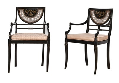 Lot 94 - Pair of Regency Style Ebonized and Caned Open...