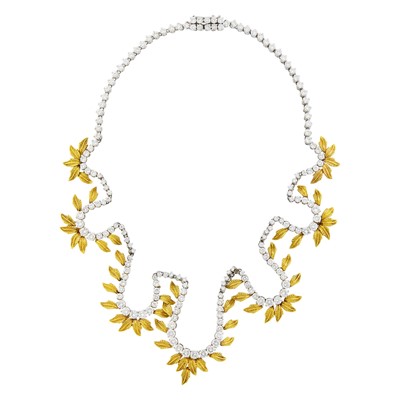 Lot 118 - Platinum, Gold and Diamond Leaf Necklace