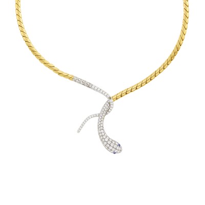 Lot 1023 - Two-Color Gold, Diamond and Cabochon Sapphire Snake Necklace