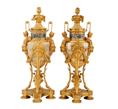 Lot 272 - Pair of Gilt-Bronze Agate and Cloisonné Enamel Covered Urns