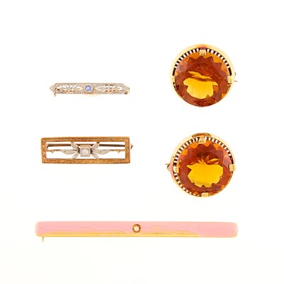 Lot 1158 - Six Antique Gold, Citrine, Pink Enamel, Pearl, Diamond and Sapphire Pins