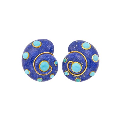 Lot 48 - Verdura Pair of Gold, Lapis and Turquoise Shell Earclips