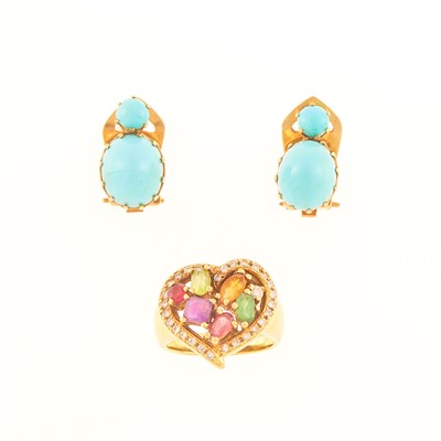 Lot 2212 - Gold, Diamond and Colored Stone Ring and Pair of Turquoise Earclips