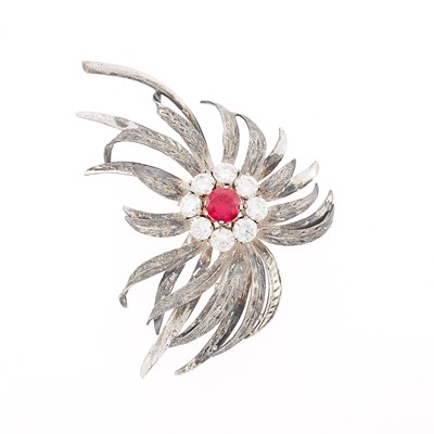 Lot 2095 - Silver, Diamond and Synthetic Ruby Brooch