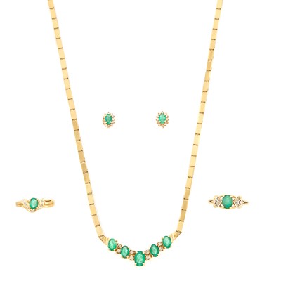 Lot 1189 - Gold, Emerald and Diamond Necklace, Two Rings and Pair of Stud Earrings