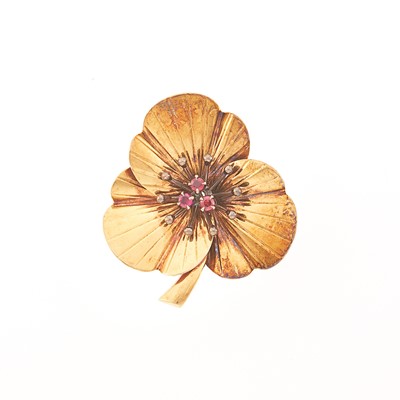 Lot 1025 - Tiffany & Co. Gold and Ruby Clover Brooch