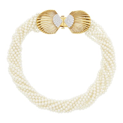 Lot 1014 - Ten Strand Cultured Pearl Torsade Necklace with Two-Color Gold and Diamond Shell Clasp
