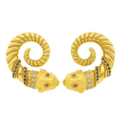 Lot 99 - Ilias Lalaounis Pair of Gold, Gem-Set and Diamond Chimera Earclips