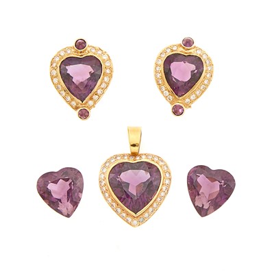 Lot 1060 - Pair of Gold, Amethyst and Diamond Earrings, Pendant and Two Unmounted Amethysts