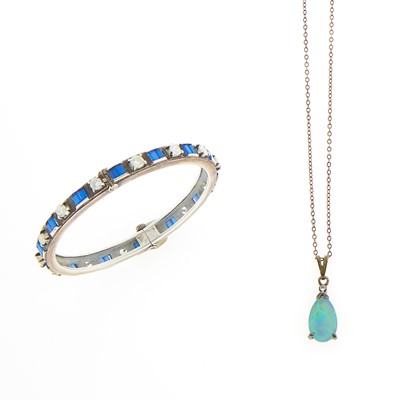 Lot 1273 - Silver and Opal Doublet Pendant with Chain Necklace and Silver, Blue Paste and Diamond Baby Bangle Bracelet