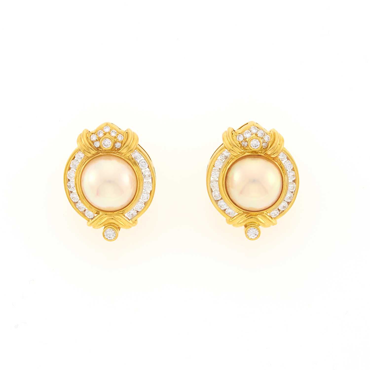 Lot 1032 - Pair of Gold, Mabé Pearl and Diamond Earclips