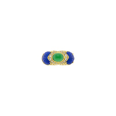 Lot 40 - Cartier Gold, Carved Lapis, Green Onyx and Diamond Ring, France