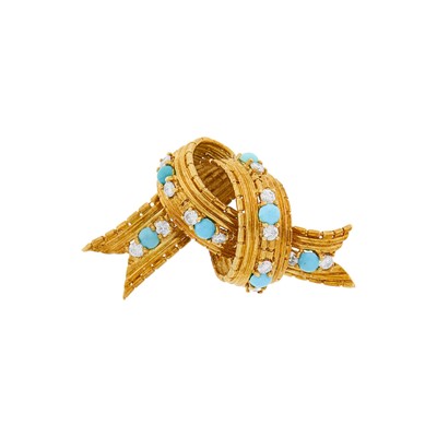 Lot 135 - Tiffany & Co. Gold, Turquoise and Diamond Ribbon Knot Brooch
