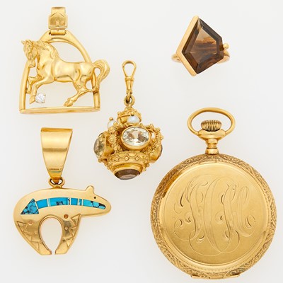 Lot 1217 - Group of Gold, Diamond, Cultured Pearl, Turquoise and Gem-Set Jewelry and Hunting Case Pocket Watch