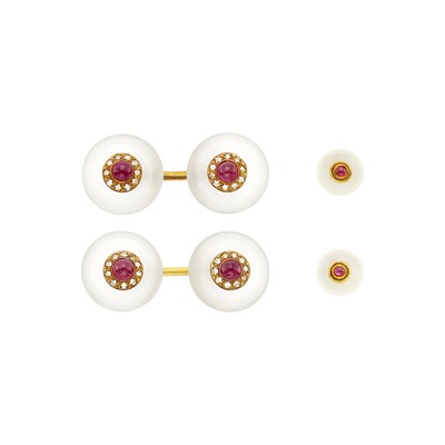 Lot 39 - Deakin & Francis Pair of Gold, Frosted Rock Crystal, Cabochon Ruby and Diamond Cufflinks and Two Studs