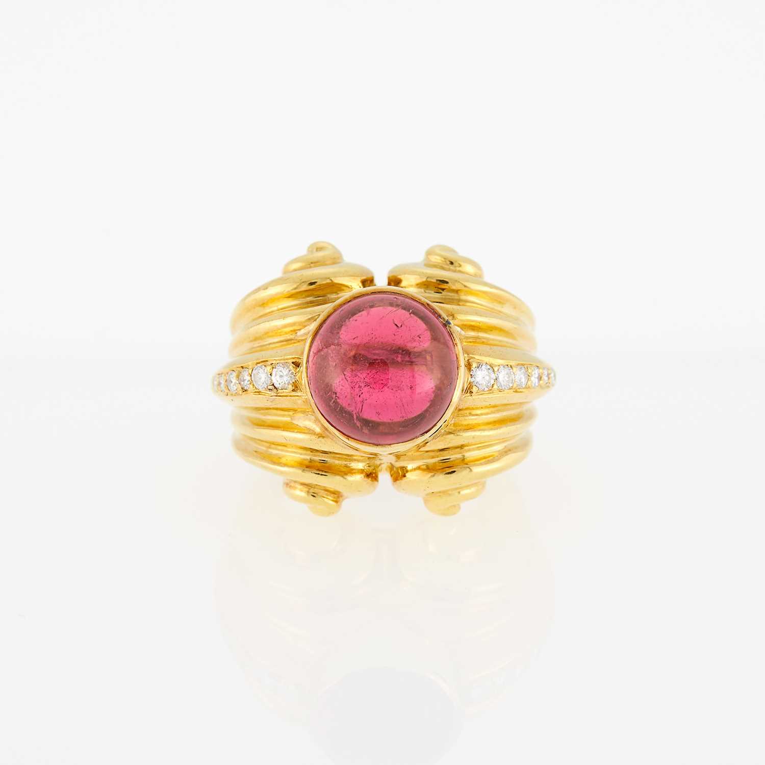 Lot 1020 - Gold, Cabochon Pink Tourmaline and Diamond Ring