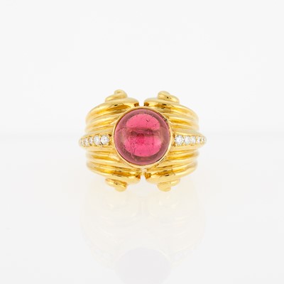 Lot 1020 - Gold, Cabochon Pink Tourmaline and Diamond Ring