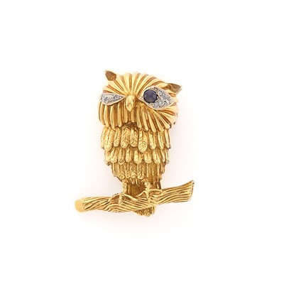 Lot 1033 - Gold, Cabochon Sapphire and Diamond Owl Brooch