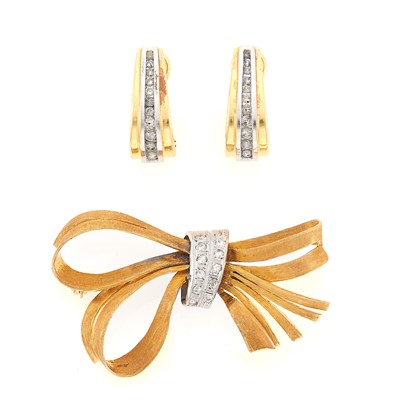 Lot 1237 - Pair of Two-Color Gold and Diamond Hoop Earrings and Bow Brooch