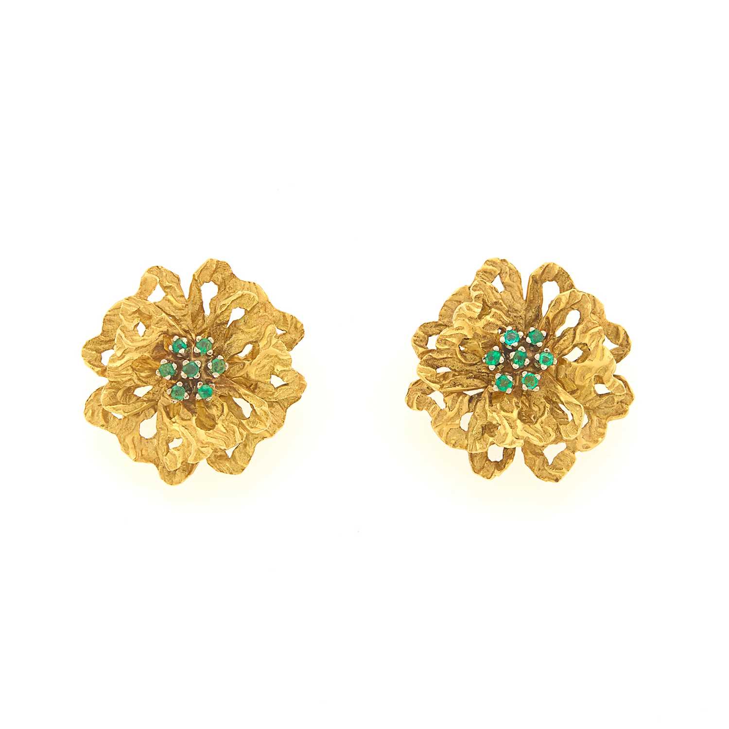 Lot 1043 - Pair of Gold and Emerald Flower Earclips