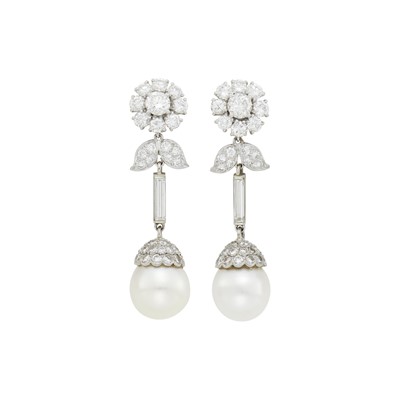 Lot 204 - Van Cleef & Arpels Pair of Platinum, Diamond and Cultured Pearl Pendant-Earclips