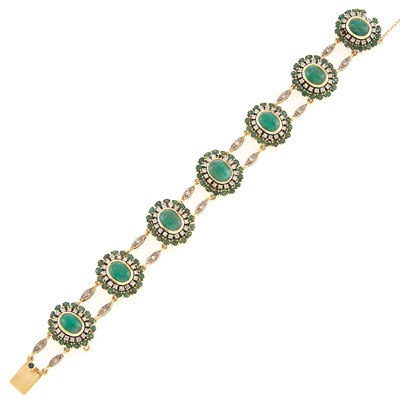 Lot 1142 - Two-Color Gold, Cabochon Emerald, Emerald and Diamond Bracelet