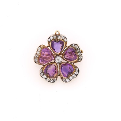 Lot 1189 - Antique Silver, Gold, Amethyst and Diamond Flower Pendant-Brooch