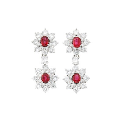 Lot 150 - Pair of White Gold, Ruby and Diamond Pendant Earrings