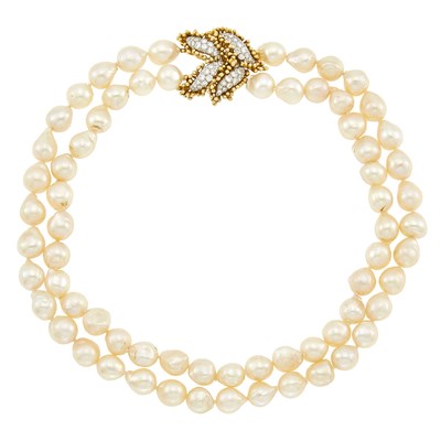 Lot 1063 - Double Strand Baroque Cultured Pearl Necklace with Two-Color Gold and Diamond Clasp