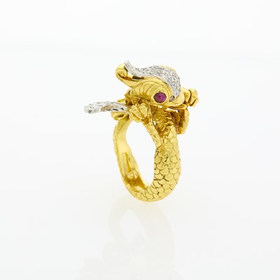 Lot 1042 - Two-Color Gold, Diamond and Cabochon Ruby Dragon Ring
