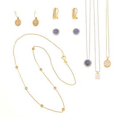 Lot 1099 - Four Yellow and White Gold, Diamond and Sapphire Necklaces and Three Pairs of Earrings