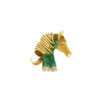 Lot 132 - Frascarolo Gold, Green Enamel, Ruby and Diamond Horse Clip-Brooch