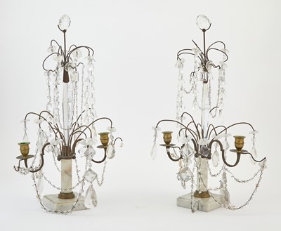 Lot 164 - Pair of Baltic Neoclassical Style Cut-Glass and Marble Two-Light Candelabra