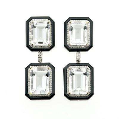 Lot 1126 - Pair of Silver, Rock Crystal, Black Onyx and Diamond Pendant-Earrings