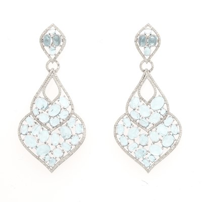 Lot 1257 - Pair of Silver, Cabochon Aquamarine and Diamond Pendant-Earrings