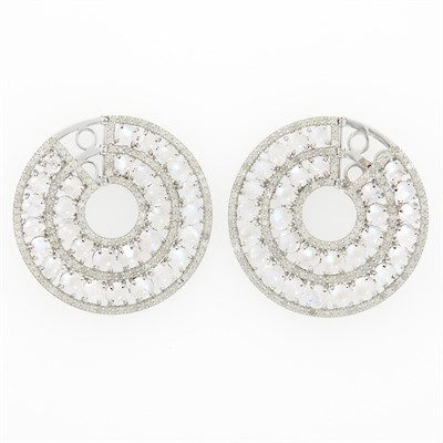 Lot 1138 - Pair of Silver, Moonstone and Diamond Hoop Earrings