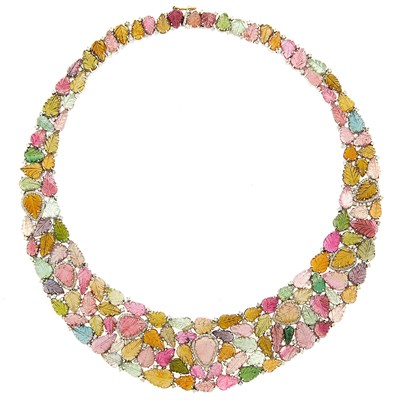 Lot 1158 - Silver, Carved Multicolored Tourmaline and Diamond Bib Necklace