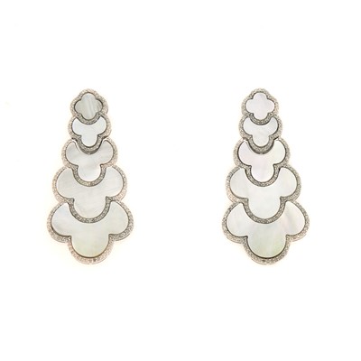Lot 1091 - Pair of Silver, Mother-of-Pearl and Diamond Pendant-Earrings