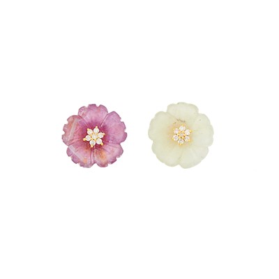 Lot 1050 - Gold, Pink and Yellow Carved Sapphire and Diamond Flower Earrings