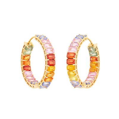 Lot 1011 - Gold, Multicolored Sapphire and Diamond Hoop Earrings