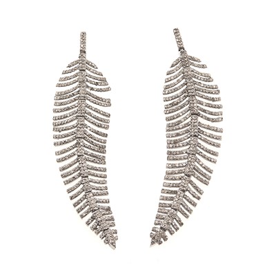 Lot 1189 - Pair of Silver and Diamond Feather Pendant-Earrings