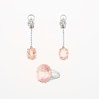 Lot 1184 - White Gold and Morganite Ring and Pair of Pendant-Earclips