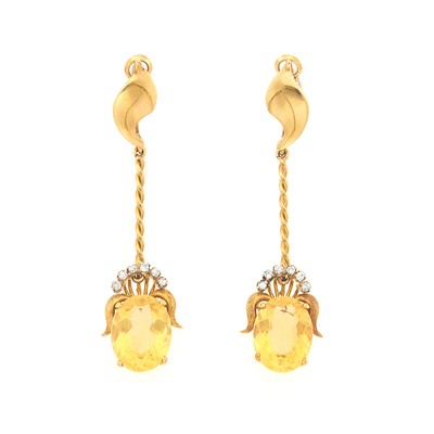 Lot 1143 - Pair of Gold, Citrine and Diamond Pendant-Earclips