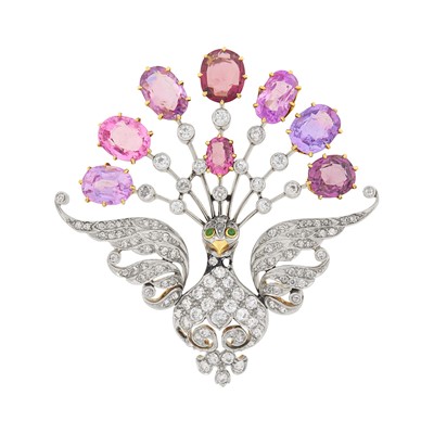 Lot 92 - Antique Platinum, Gold, Pink and Purple Sapphire and Diamond Peacock Brooch